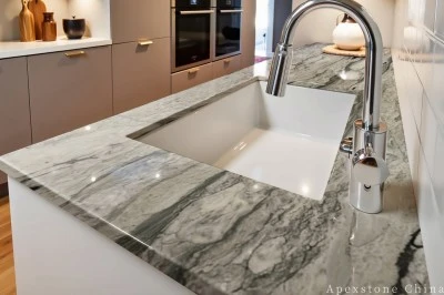 green Marble Waterfall island kitchen