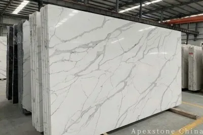 Leathered Calacatta Ethereal White Quartz Slabs